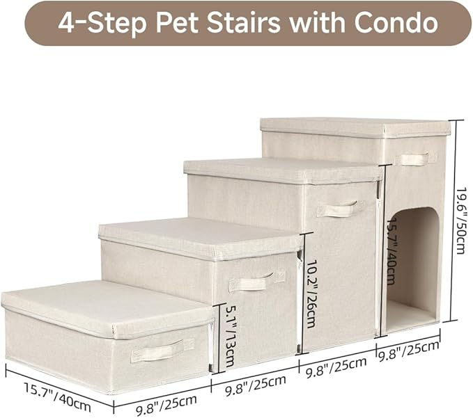 Dog Stairs with Storage, Folding Pet Steps with Zip for Small Dogs and Cats, 4-Step Pet Stairs with Pet House for High Bed, Couch and Car Ramp, Up to 200 Lbs (Beige, 4 Steps with Condo)-PawvioPets