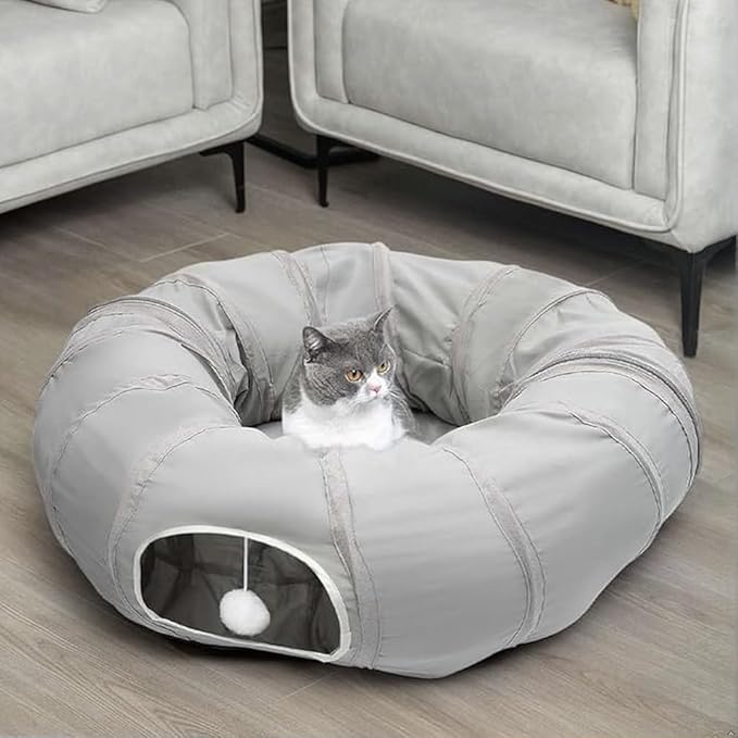 AUOON Cat Play Tunnel - Round Cat Tunnel with Bed | Interactive Cat Toys for Indoor Cats Kitten Kitty Puppy Rabbit Ferret (Light Grey)-PawvioPets