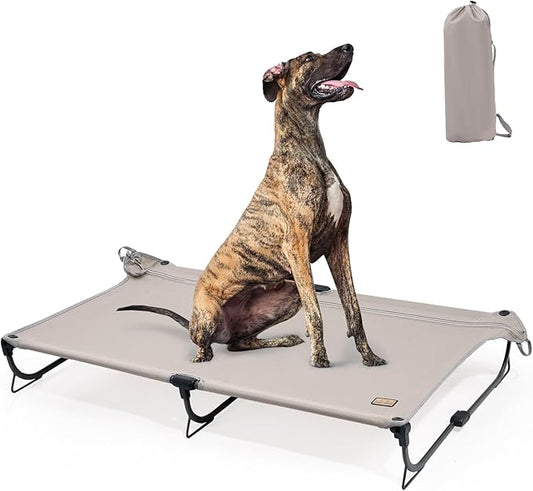 Daisy Cot, XL Foldable Elevated Dog Bed, Portable Raised Outdoor Folding Dog Cot, Cooling, Chew Proof, Waterproof, Heavy Duty Up to 160 lbs for Camping/Home, Brown, 49"x 33"x7"-PawvioPets