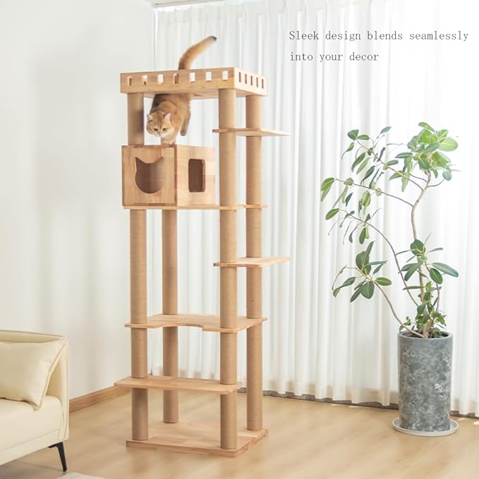 74" Wooden Cat Tree Tower for Large Cats, Multi-Level Cat Climbing Furniture with Scratching Posts, Cat Condo & Hammock, Natural Wood Cat Activity Center(Brown)-PawvioPets