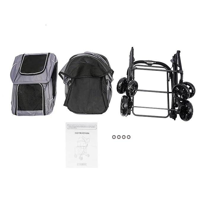 2 Tiers Pet Stroller,4 Wheel Dog Stroller Cat Strollers,3.07lbs Pet Gear Foldable Jogger Travel Cart,Grey Cat Carrying Cart with Storage Basket for Small Medium Pet (Grey)-PawvioPets