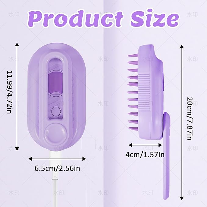 4 in 1 Cat & Dog Steam Brush Kit with 2 Comb Heads - Rechargeable Grooming Brush for Long/Short Hair Shedding, Anti-Static Steam Spray & Foldable Handle, Pet Spa Cleaning Tool (Purple)-PawvioPets