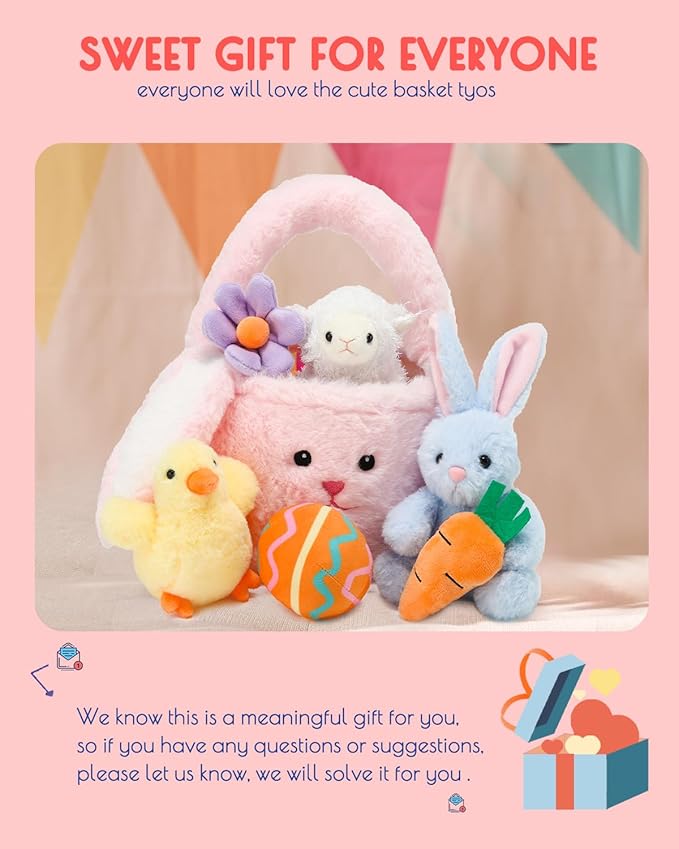 7 Piece Plush Stuffed Animals Playset Toys with Rabbit, Chick, Lamb, Carrot, Egg, Flower, Furry Bag, Soft Basket Set Toys for Girls Kids Ages 3+, Birthday Christmas Valentines Easter Party Favors-PawvioPets