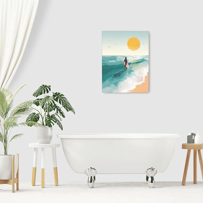 Beach Surfing Wall Art Ocean Coastal Wave Canvas Wall Decor Summer Nature Seascape Pictures Painting Print Framed Artwork Decorations for Bathroom Living Room Office Bedroom 12"x16"-PawvioPets