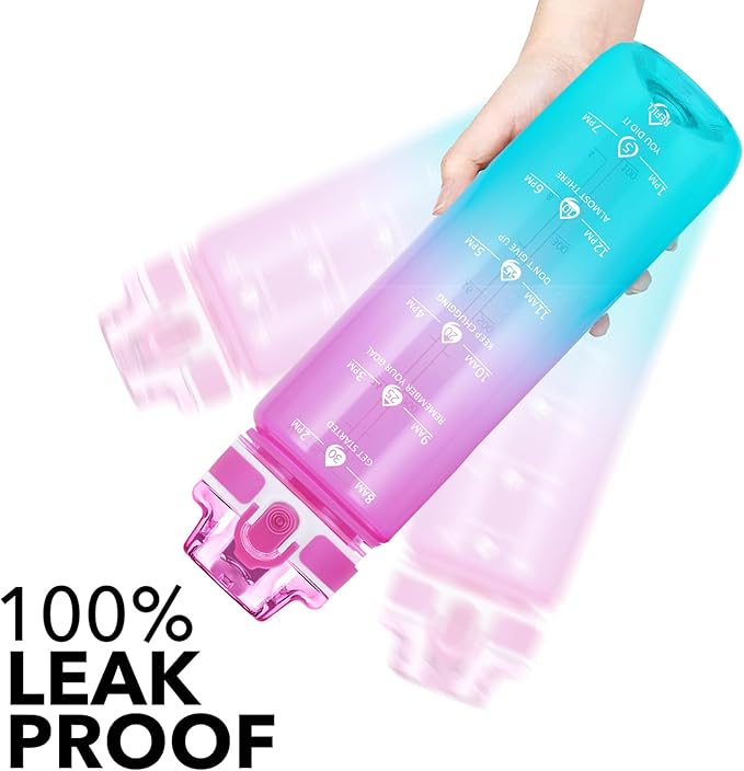 32oz Motivational Water Bottles with Time Marker & Fruit Strainer, Transparent Gradient Color Water Bottle with Times to Drink, Leakproof & BPA Free, Reusable Bottle with Strap (No Straw)-PawvioPets