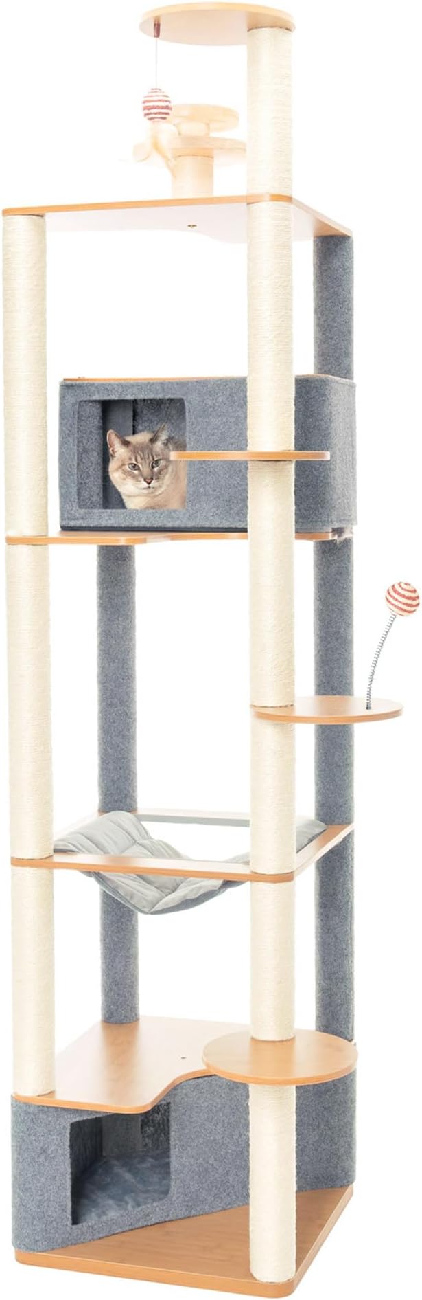 Ascentials - Grand Suite Cat Scratcher Playground - Tall Cat Tower Playground Structure, Sisal Scratching Areas, Grey Felt, Bamboo Veneer w/Linen & Velvet Surface Areas-PawvioPets