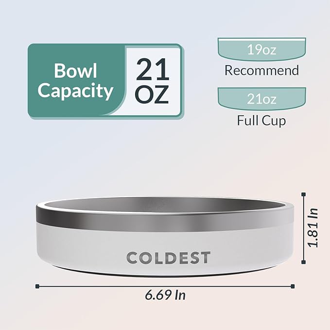 Coldest Dog Bowl - Anti Rust Metal, Non Slip, 3 Layers Insulated Stainless Steel Dog Bowls - Spill Proof & Heavy Duty - Water Bowl for Dogs, Cats & Pets, Dish Washer Safe (21 oz, Epic White)-PawvioPets