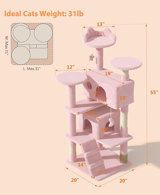 54" Cat tree Tower for Indoor Cats Large Adult,Cute/Tall Modern Cat Tree for Big Cats 20 lbs,Plush Multi-Level Cat Condo with Scratching Posts, Dangling Ball for fun play (Soft Pink, 54 inch)-PawvioPets