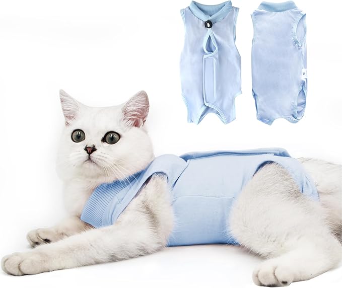 DOTON Cat Recovery Suit for Male and Female Surgical Post Surgery Soft Cone Onesie Shirt Clothes Neuter Licking Protective Diapers Outfit Cover Kitten Spay Collar(S, Blue)-PawvioPets