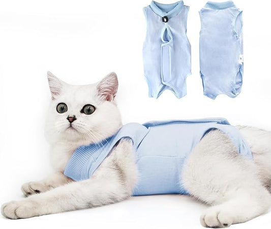 DOTON Cat Recovery Suit for Male and Female Surgical Post Surgery Soft Cone Onesie Shirt Clothes Neuter Licking Protective Diapers Outfit Cover Kitten Spay Collar(S, Blue)-PawvioPets