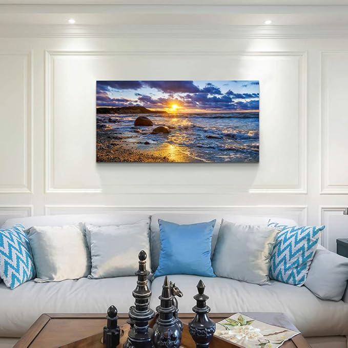 canvas wall art for living room bedroom Wall Decor blue ocean landscape painting Hang Home Decoration office bathroom kitchen sun beach sea golden Waves on the beach canvas art Prints pictures Works-PawvioPets