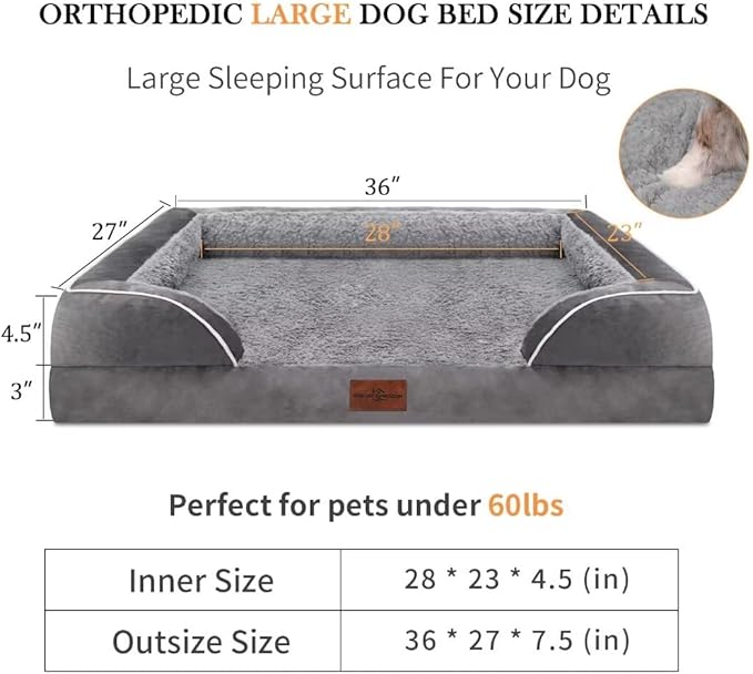 Comfort Expression Cooling Dog Bed for Large Dogs, Orthopedic Memory Foam Beds, Waterproof Washable Dogs Bed with Removable Cover, Pet Bed Dog Sofa with Bolster(Large,Silver Grey)-PawvioPets
