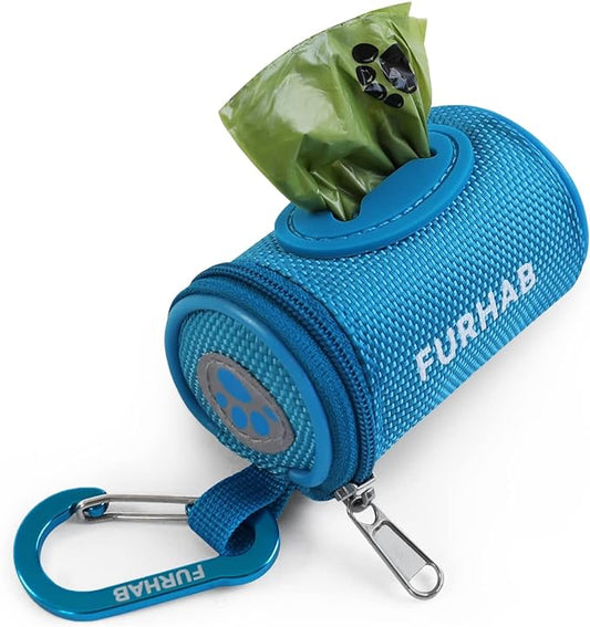 Dog Poop Bag Holder for Leash Doggie Waste Bag Dispenser Soft Fabric Puppy Potty Carrier Small Doggy Zipper Pouch with Carabiner Clip 1680D Nylon Oxford with 1 Roll of Pet Trash Bags, Sky Blue-PawvioPets