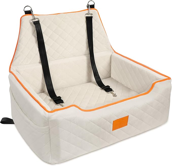 Dog Car Seat for Large/Medium Dog, Booster Seat Under 55Lbs or 2 Small Dogs, Detachable and Washable Travel Pet Seat with Thick Cushion and Storage Pockets (Beige)-PawvioPets