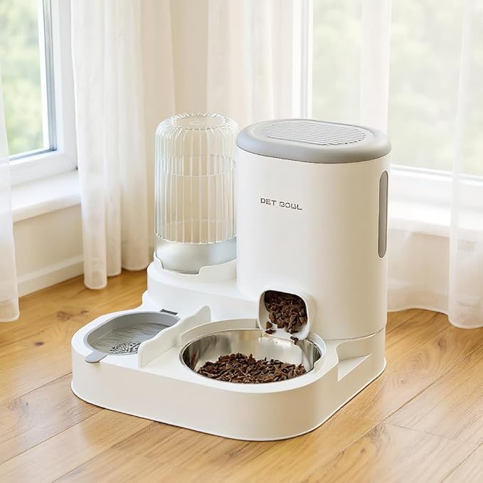 Automatic Cat Feeder & Water Dispenser - Dual Container for Dry/Wet Food, Two-in-One Upgraded Gravity Feeder and Water Dispenser Combo Set for Cats and Dogs. (Grey)-PawvioPets