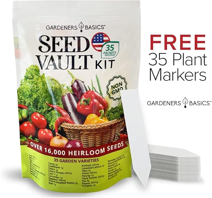 Gardeners Basics Survival Vegetable Seeds Garden Kit Over 16,000 Seeds Non-GMO and Heirloom, Great for Emergency Bugout Survival Gear 35 Varieties Seeds for Planting Vegetables 35 Free Plant Markers-PawvioPets