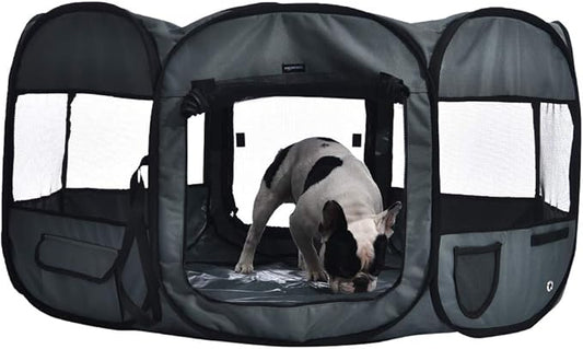Amazon Basics Portable Soft Pet Dog Octagonal Travel Playpen, Large (45 x 45 x 24 inches), Grey-PawvioPets