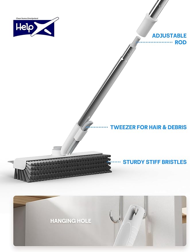 Floor Scrub Brush with Long Handle, 3 in 1 Scrape and Heavy-Duty Stiff Bristle Floor Scrubber Brush with Squeegee and Tweezer for Cleaning Tile Wall Deck Bathroom Patio Garage Kitchen (White)-PawvioPets