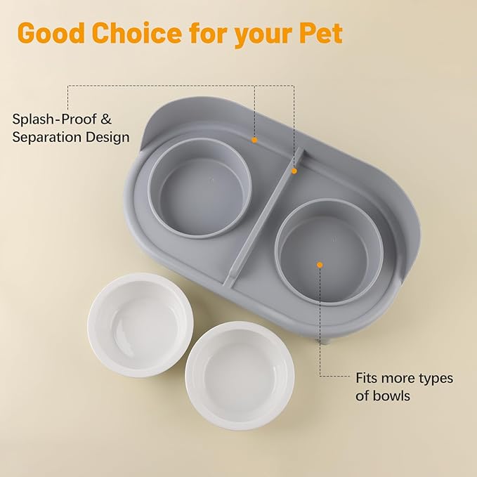 Elevated Cat Bowls, Tilted Rised Cat Food and Water Bowl with 2 Pcs Ceramic Pet Bowls, Rised Stand, Pet Dish Anti Vomiting Feeding Station for All Sized Cats & Small Dogs (Grey)-PawvioPets