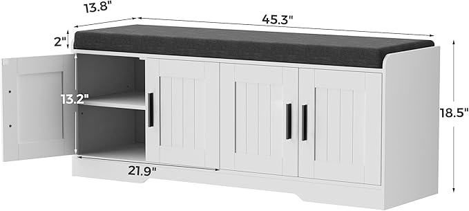 2-Tier Storage Bench, Shoe Bench with Thickened Padded Seat Cushion, Entryway Bench with 4 Doors, Adjustable Shelf, 13.8" D x 45.3" W x 18.5" H, for Entryway, Living Room, Bedroom, White-PawvioPets