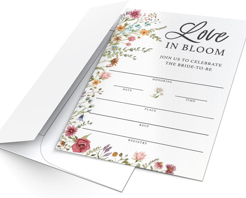 Printed Party Bridal Shower Invitations and Envelopes, Wildflower Theme, Love In Bloom Design, Set of 30