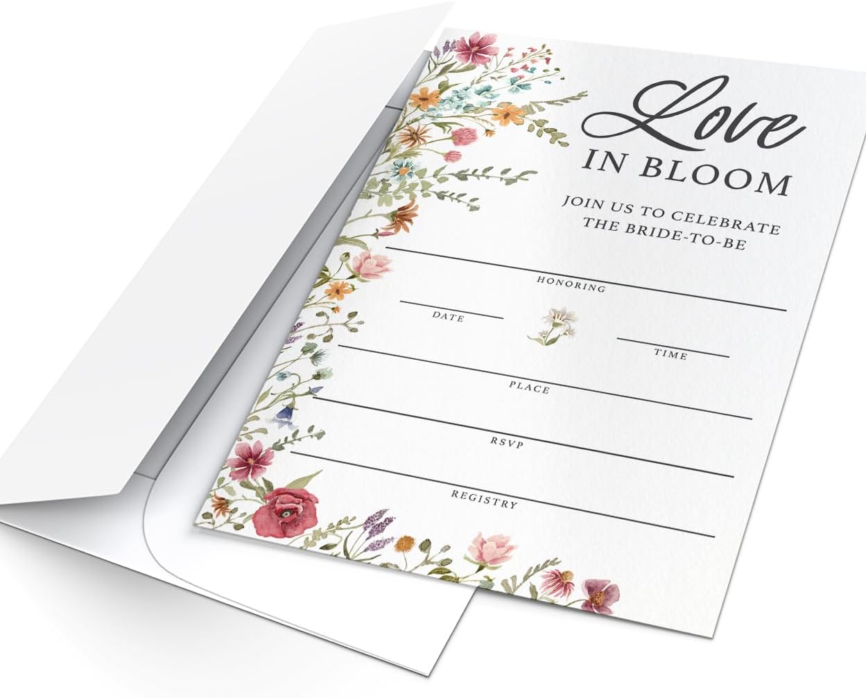 Printed Party Bridal Shower Invitations and Envelopes, Wildflower Theme, Love In Bloom Design, Set of 30