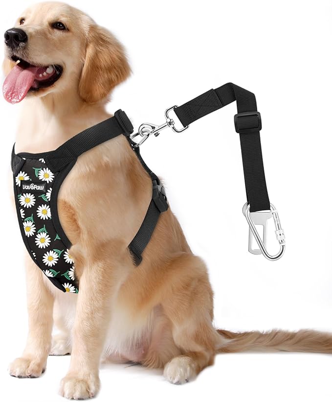 Dog Seat Belt, Safety Vest Dog Car Harness with Adjustable Buckle Dog Seat Belt for Vehicle Nylon Pet Safety Seat Belts Heavy Duty(L, Black Daisy)-PawvioPets