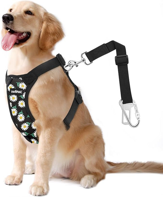 Dog Seat Belt, Safety Vest Dog Car Harness with Adjustable Buckle Dog Seat Belt for Vehicle Nylon Pet Safety Seat Belts Heavy Duty(L, Black Daisy)-PawvioPets