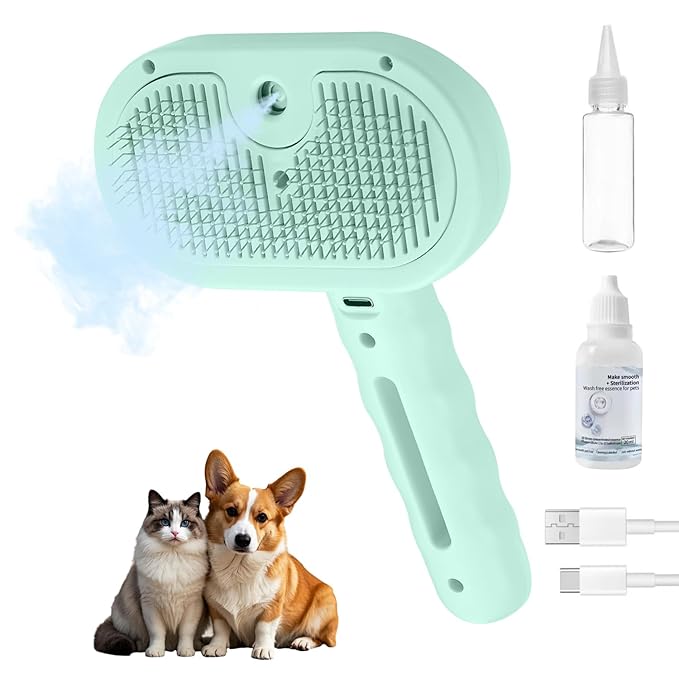 3-in-1 Pet Steam Brush, Grooming Comb with Water Tank for Cats and Dogs, Long and Short Hair (Green)-PawvioPets