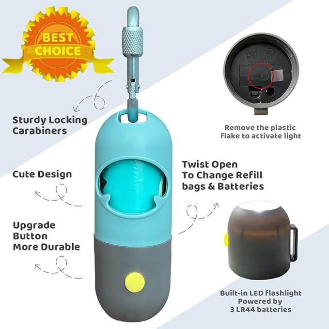 Dog Poop Bag Dispenser with Built-in LED Flashlight and Metal Clip for Leash, Pet Waste Bag Holder, Dog Walking Accessory (Cystal Blue)-PawvioPets
