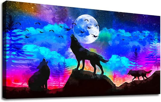 Canvas Wall Art For Living Room Family Wall Decor For Bedroom Modern Office Decorations Animal Wolf Wall Pictures Artwork Blue Starry Sky Scenery Painting Room Canvas Art Prints Home Decor 20" X 40"-PawvioPets