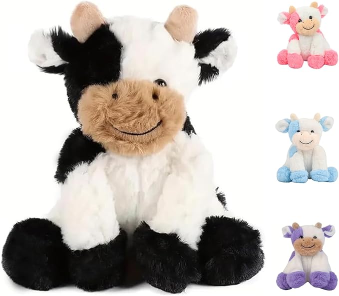 Black and White Cow Weighted Stuffed Animal 20cm/7.87in Cute Sitting Cow Plush Toy with Smile Soft Fluffy Small Farm Plushie for Kids Adults Birthday Festival Gift Bed Home Office Decor Toys-PawvioPets