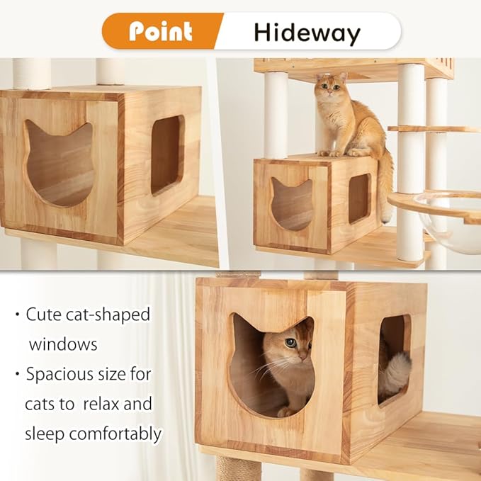 74" Wooden Cat Tree Tower for Large Cats, Multi-Level Cat Climbing Furniture with Scratching Posts, Cat Condo & Hammock, Natural Wood Cat Activity Center (White)-PawvioPets