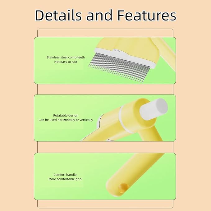 360° Press and Rotate Flea Comb for Cats and Dogs - Self-Cleaning Pet Hair Removal Tool with Release Button & Long-Short Stainless Steel Teeth for Shedding (Yellow)-PawvioPets