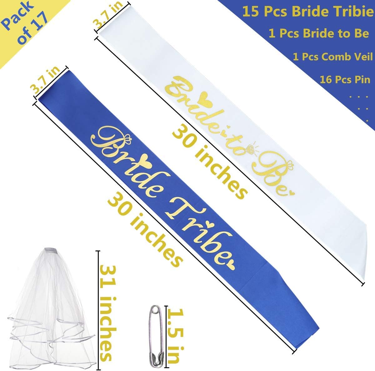 Bride Tribe Bridesmaids Sashes Sets Bachelorette Party Decorations Supplies Bridal Shower Favors Gift (Blue, 16 Sash with 1 Veil)