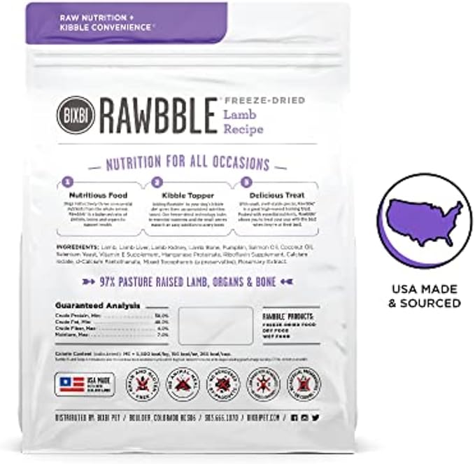 BIXBI Rawbble Freeze Dried Dog Food, Lamb Recipe, 26 oz - 97% Meat and Organs, No Fillers - Pantry-Friendly Raw Dog Food for Meal, Treat or Food Topper - USA Made in Small Batches-PawvioPets