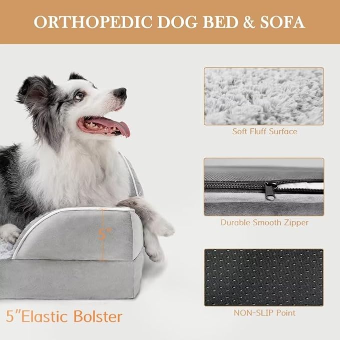 Comfort Expression Memory Foam Dog Beds Large Sized, Orthopedic Dogs Beds Washable, XL Dog Beds with Removable Cover, Waterproof Pet Sofa Couch with Bolster(X-Large,Light Grey)-PawvioPets