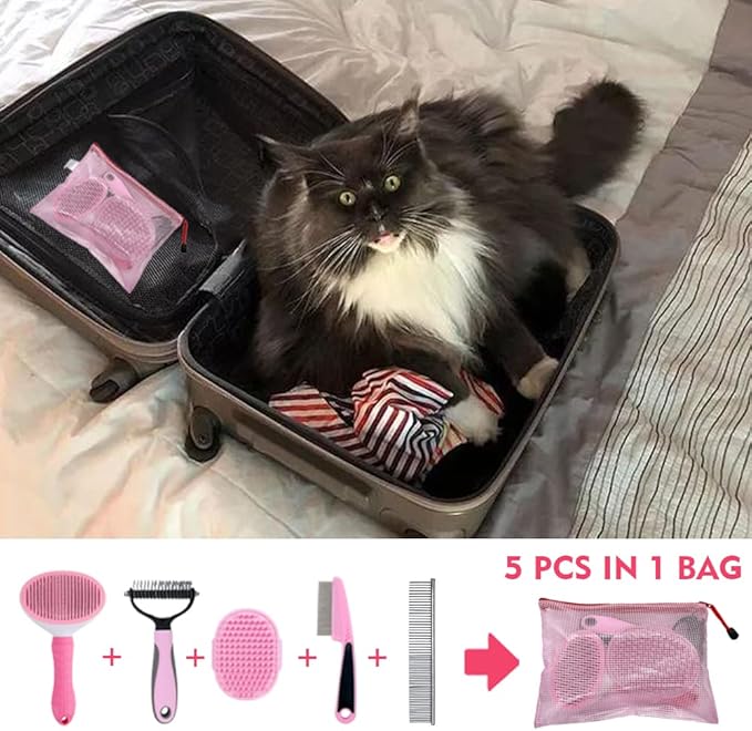 Dog Grooming Kit - Deshedding Brush for Short Hair, Slicker Brush, Flea Comb, Puppy Brush Set in Pink-PawvioPets