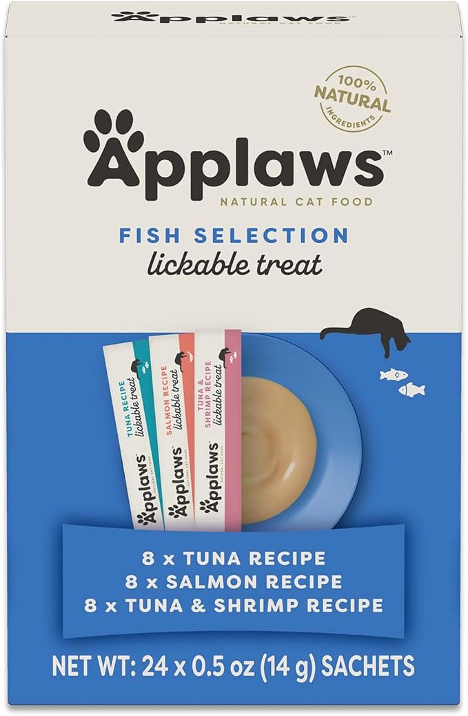 Applaws Lickable Cat Treats, Natural Grain-Free Purée, Limited Ingredient, Fish Squeeze Up Cat Treats (24 x 0.25 oz Sachets)-PawvioPets
