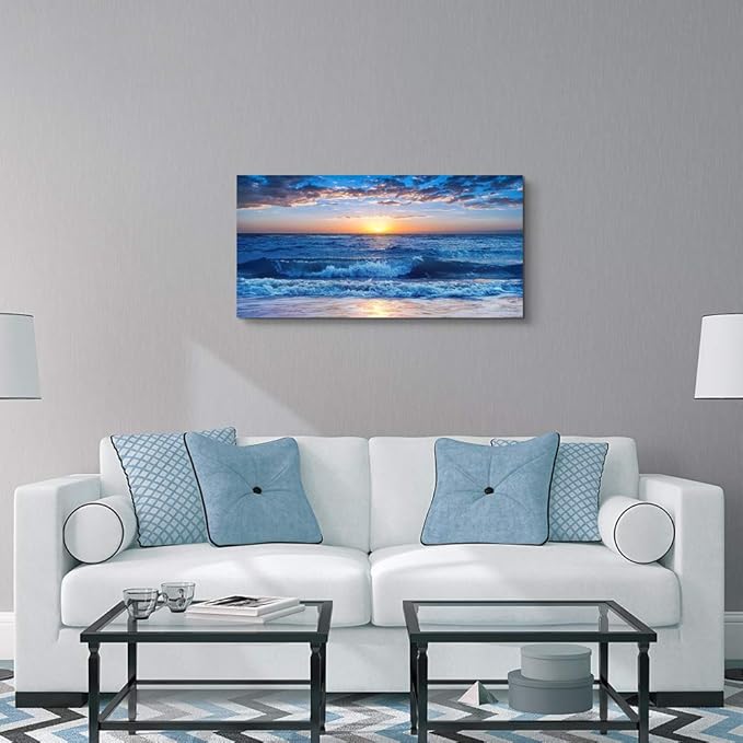 canvas wall art for living room Blue Ocean Sea sun landscape painting bathroom Wall Decor Ready to Hang for Home Decorations office family bedroom kitchen Works canvas Prints pictures 24" x 48"inch-PawvioPets
