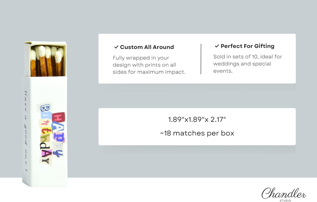 Customizable Birthday Matchboxes – Set of 10 – Fun Birthday Design – Colorful Matchsticks – Perfect for Birthday Favors (2" Matchsticks, Birthday #1)
