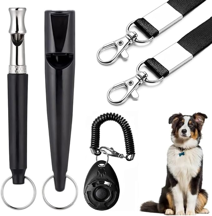 3 PCS Dog Whistles Set, Adjustable Recall Dog Training Whistle Silent Dog Whistle to Stop Barking with Lanyard,Dog Clicker(Black)-PawvioPets