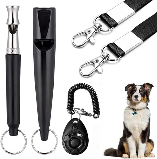 3 PCS Dog Whistles Set, Adjustable Recall Dog Training Whistle Silent Dog Whistle to Stop Barking with Lanyard,Dog Clicker(Black)-PawvioPets