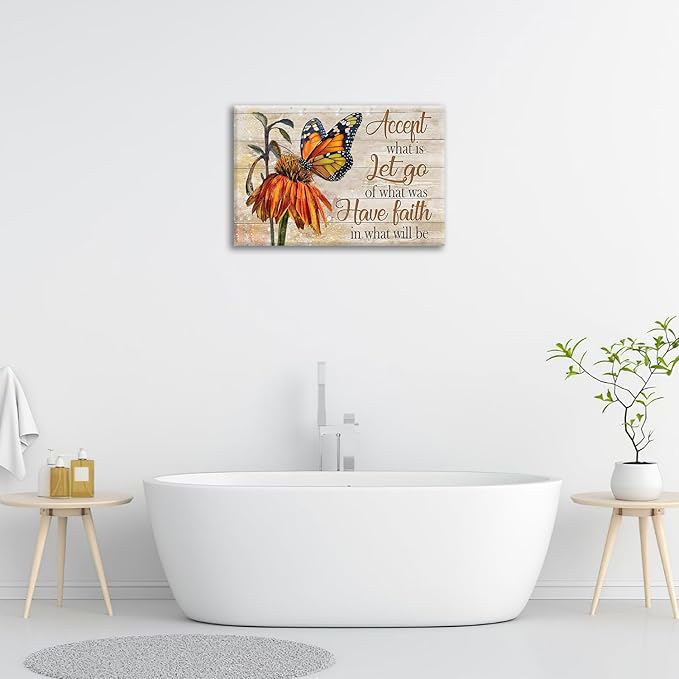 Farmhouse Butterfly Bathroom Pictures Wall Art, Rustic Floral Country Bathroom Wall Decor, Daisy Inspirational Framed Painting Canvas Artwork for Bedroom Living Room Decorations 24"L x 16"W-PawvioPets