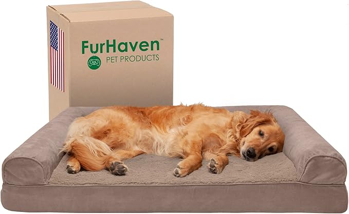 Furhaven Cooling Gel Dog Bed for Large Dogs w/ Removable Bolsters & Washable Cover, For Dogs Up to 95 lbs - Plush & Suede Sofa - Almondine, Jumbo/XL-PawvioPets
