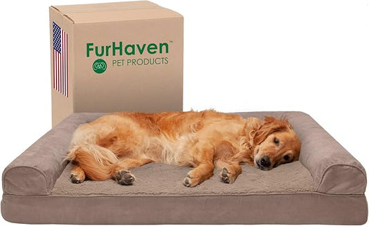 Furhaven Cooling Gel Dog Bed for Large Dogs w/ Removable Bolsters & Washable Cover, For Dogs Up to 95 lbs - Plush & Suede Sofa - Almondine, Jumbo/XL-PawvioPets