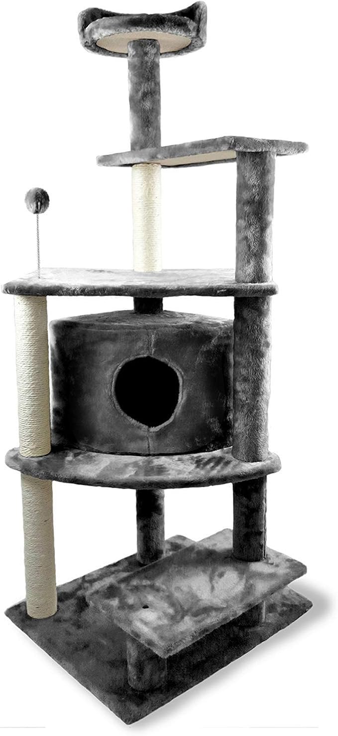 Furhaven 59.8" Tall Cat Tree for Indoor Cats, Ft. Sisal Scratching Posts, Condo, & Toys - Tiger Tough Platform House Interactive Playground Tower - Gray, One Size-PawvioPets