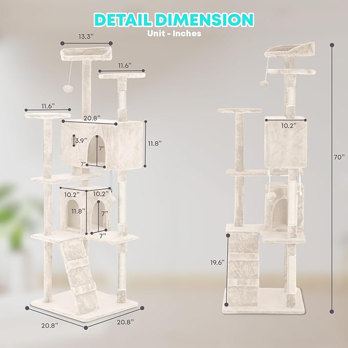 FDW Cat Tree 70in Cat Tower Multi-Level Durable Cat Scratching Post & Cozy Fun Cat Jumping Platform Space Saving Cat Condo Pet Play House for Indoor Cats,Beige-PawvioPets