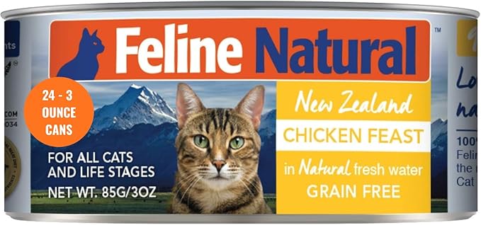 Feline Natural New Zealand Canned Catfood Wet Food, High-Meat, Low-Carb, & Grain Free Cat Food Wet, Chicken Feast, 3 oz, Pack of 24-PawvioPets