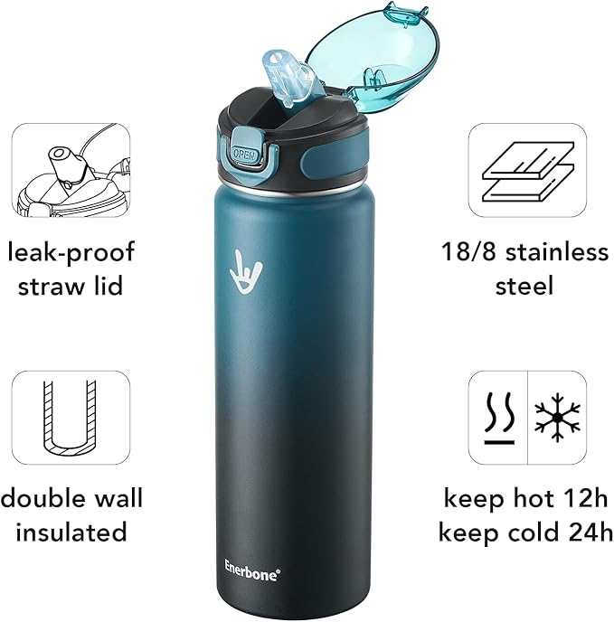 Enerbone 24 oz Insulated Water Bottle, Stainless Steel Bottle with Carrying Strap, Double-Wall Vacuum Insulation Design, Leakproof Sports Bottle with Straw, Keep Drinks Cold or Hot for Hours-PawvioPets